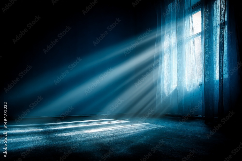 Poster soft light filters through curtains in a quiet room during early morning hours creating an atmospher