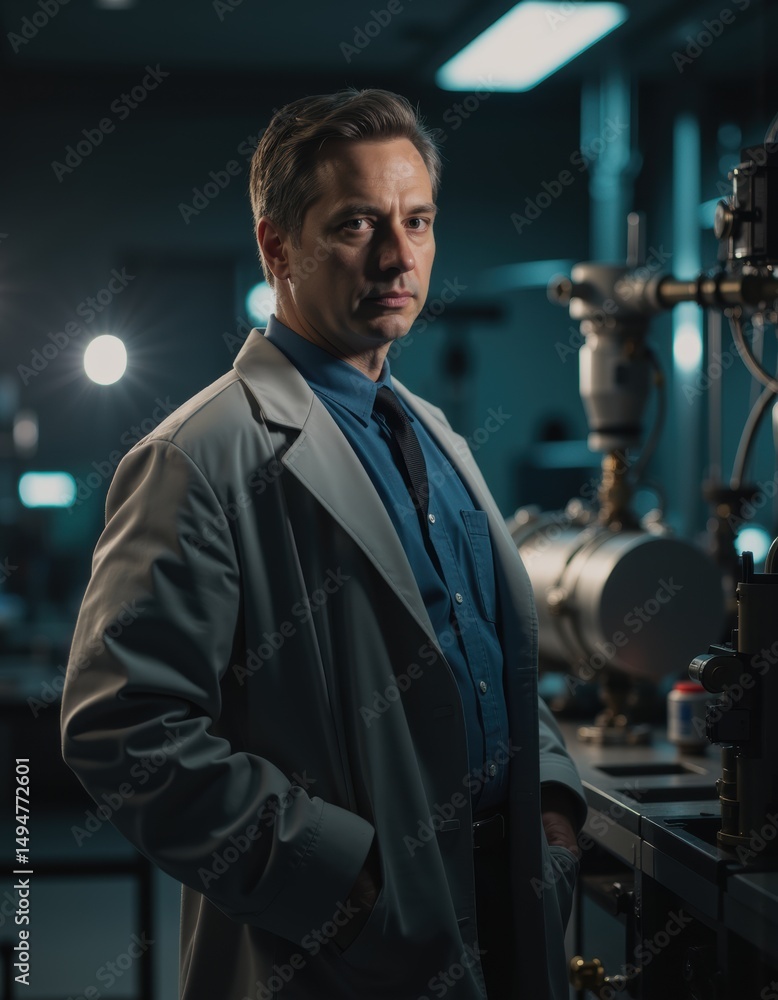 Aufkleber scientist in a lab coat posing confidently in a modern laboratory setting