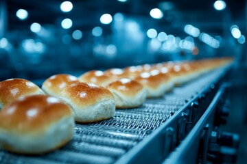 Freshly baked bread rolls moving along a conveyor belt in a bustling bakery during the morning hours