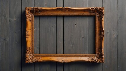Intricately carved empty wooden picture frame mounted on a dark wood plank wall, perfect for vintage design concepts, museum displays, or art mockup presentations