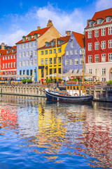 Copenhagen, Denmark. Vibrant harbor of Nyhavn, colorful buildings and boats.