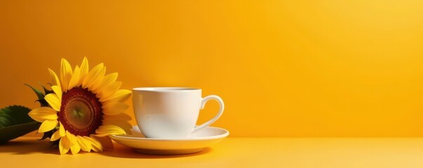 Delicate porcelain coffee cup beside vibrant sunflowers on minimalist orange table , still life photography, orange table