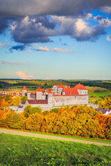 Harburg, Germany. Romantic Road scenic route in golden sunlight, autumn colors, Swabia