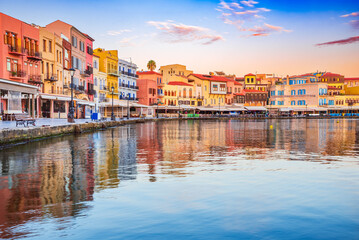 Chania, Greece. Beautiful greek island of Crete, sunrise over Venetian Harbor.