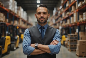 Obraz premium Confident man in a warehouse setting, showcasing leadership and professionalism