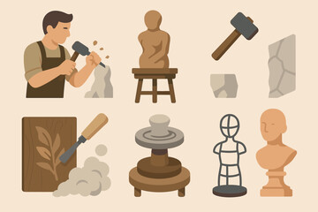 Sculpture and craft icons set – flat, solid, artistic and creative tools