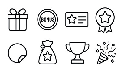 Gift and reward icons set – outline, linear, bonus and achievement symbols