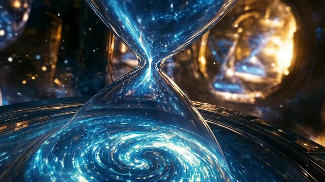 Experience the mesmerizing flow of time in a cosmic hourglass filled with swirling galaxies and sparkling stardust at night