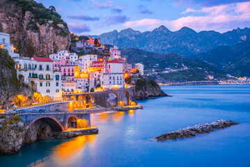 Amalfi, Italy. Atrani cityscape on coast line of Mediterranean Sea