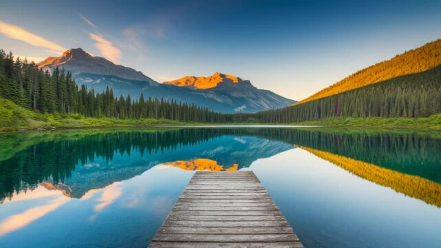 A Breathtaking Sunrise Casts Its Warm Glow Over a Serene Lake, Encircled by Majestic Mountains and Lush Forests