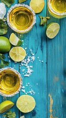 Top view of tequila shots with lime slices and salt on blue wooden table