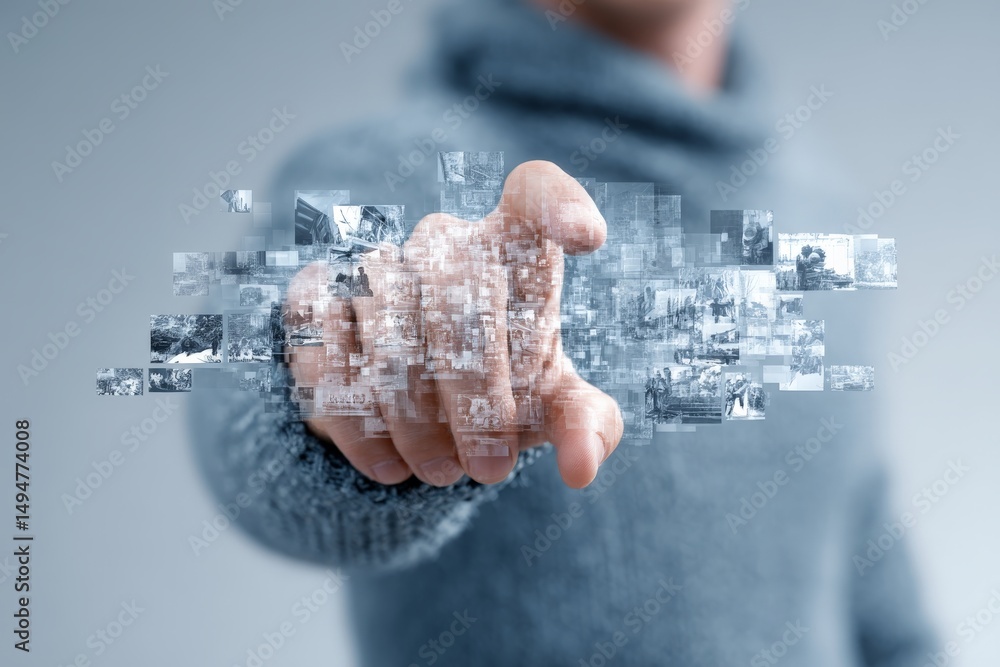 Poster fingers interact with virtual images displaying dynamic moments in technology and creativity at an i