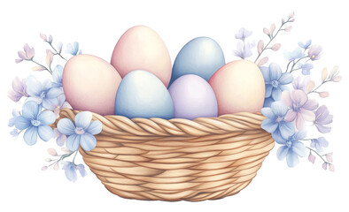 Naklejka premium A decorative basket filled with pastel-colored eggs and surrounded by flowers.