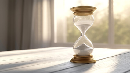 Elegant hourglass on wooden table symbolizing time with copy space