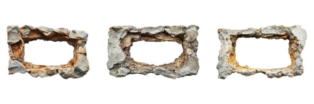 Three Rectangular Stone Frames Set. Rustic Architectural Elements Collection Isolated On Transparent Background