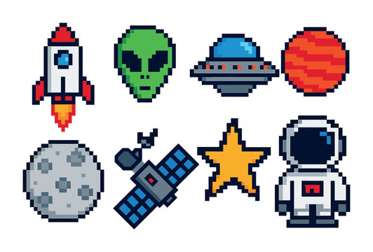Space exploration icons set - pixel art, astronomy, interstellar travel graphics