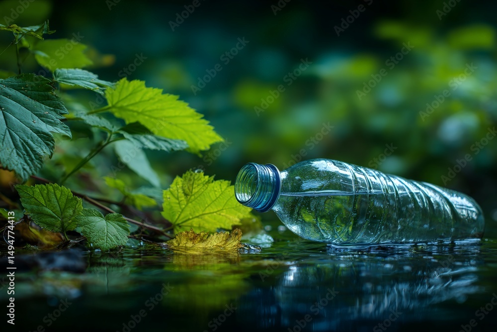 Aufkleber plastic water bottle resting on wet leaves by a serene forest stream surrounded by lush greenery