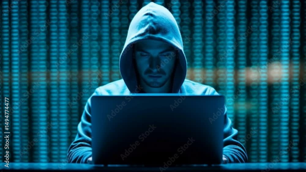 Poster a hooded figure deeply focused on working with a laptop amidst a backdrop of glowing code.