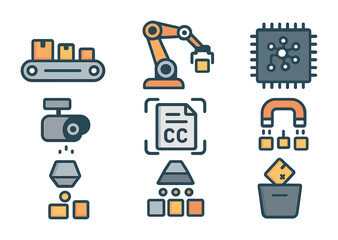Industrial and manufacturing icons set – outline, linear, factory and production symbols