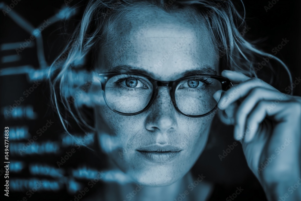 Poster Focused individual analyzing data on a digital screen in a dimly lit environment