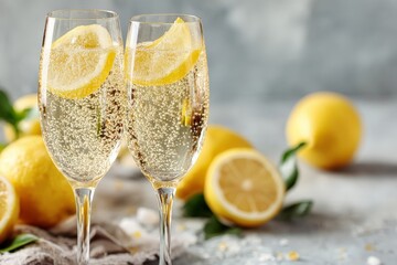 Sparkling lemon beverages in elegant glasses with fresh lemons on a light table