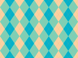 Vibrant argyle pattern in teal, peach, and beige.  Perfect for backgrounds, textiles, or website design.  A classic yet modern aesthetic, this seamless texture offers a playful, sophisticated feel.