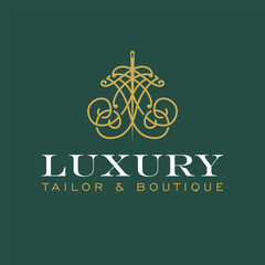 Elegant boutique logo with needle and vintage flourish, representing luxury, fashion, and craftsmanship. Ideal for tailor, boutique, and premium fashion brands.