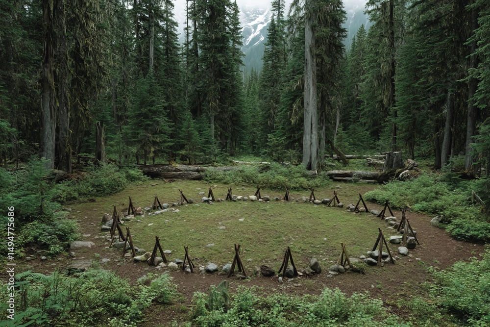 Poster circular arrangement of stones and logs in a serene forest clearing during daytime in a mountainous 