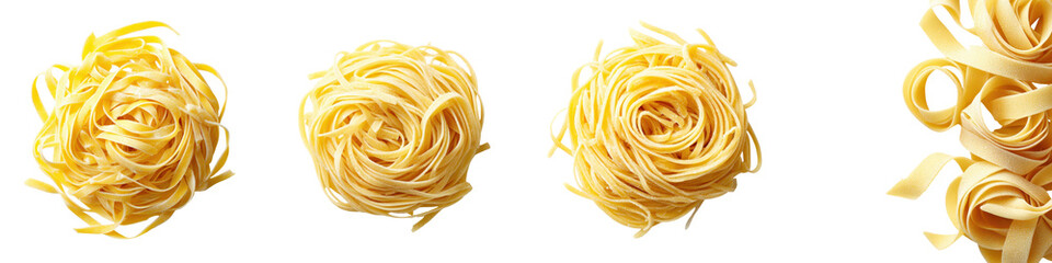 A close up image showcasing the elegant spiraled shapes and vibrant yellow hue of freshly made pasta noodles creating a visually appealing and minimalistic culinary composition