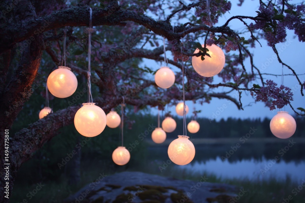 Poster soft glowing lanterns adorn a tree by the water at dusk creating a magical ambiance