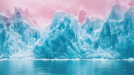 Fototapete Rund A serene arctic landscape with majestic blue glaciers meeting calm reflective waters under a soft pink pastel © Qazi