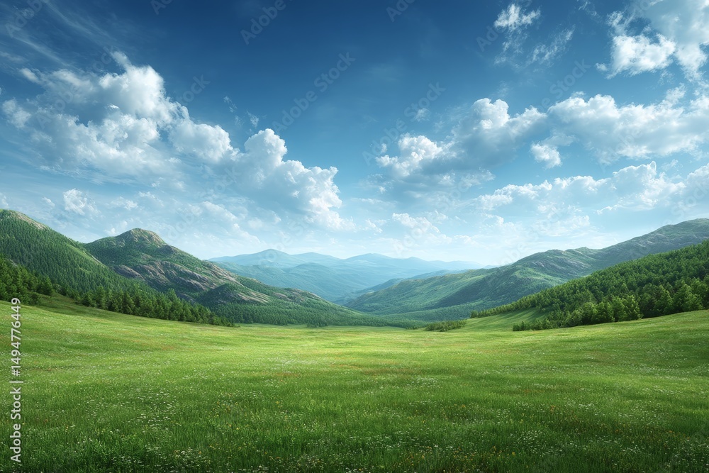 Poster vast green meadow under a bright sky with clouds and distant mountains in the late afternoon light