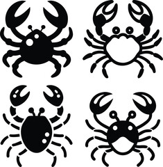 Crab Silhouette Icons. Cute Black Sea Animal Vector Set