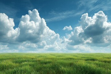 Obraz premium Expansive green field under a vibrant blue sky filled with fluffy clouds during a sunny afternoon