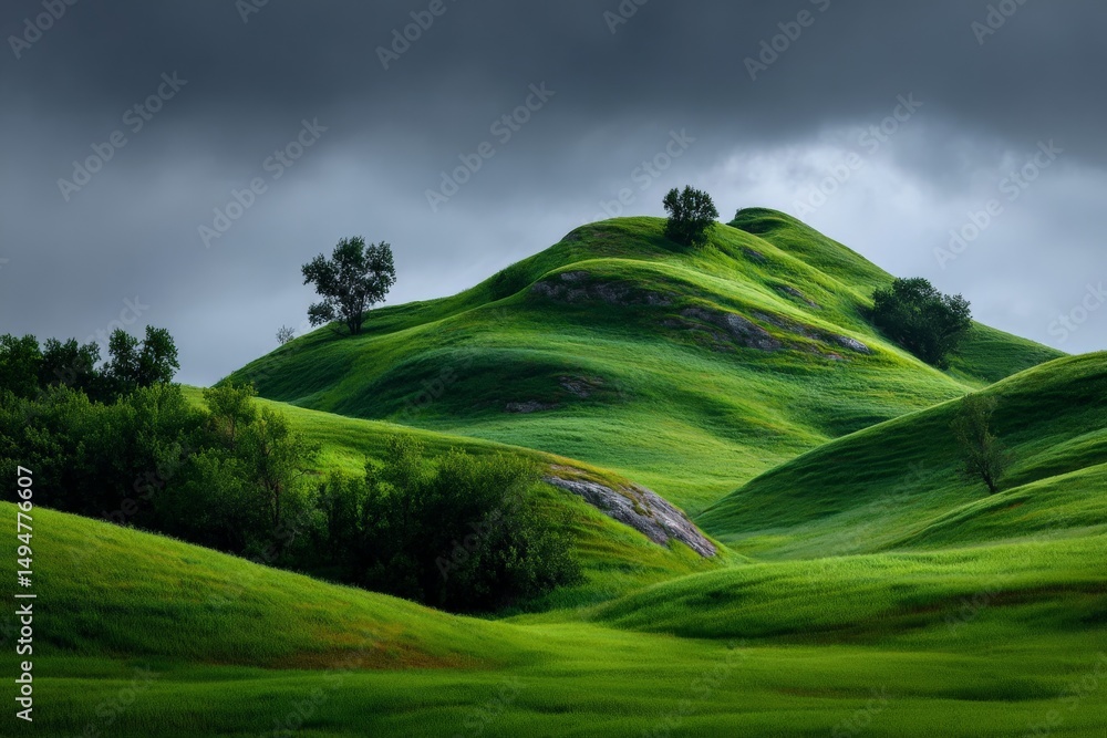 Poster rolling green hills under dark clouds with scattered trees in a tranquil landscape during early morn