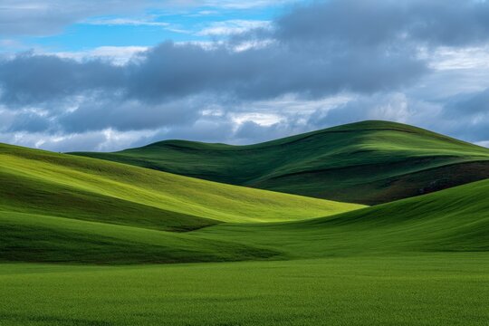Vibrant green hills under a partly cloudy sky showcasing the beauty of nature in a peaceful landscape