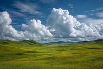 Obraz premium Expansive green hills under bright blue sky filled with fluffy clouds in a rural landscape during daytime