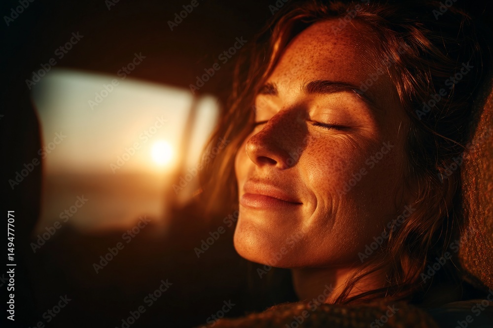 Aufkleber woman enjoying sunset glow in vehicle with serene expression while relaxing in nature