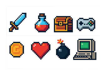 Retro gaming icons featuring sword, potion, and vintage computer