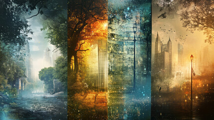 Vibrant collection of dreamy forest and city park scenes featu lush trees, colorful sunlight, misty mornings, urban greenery, and peaceful nature environments