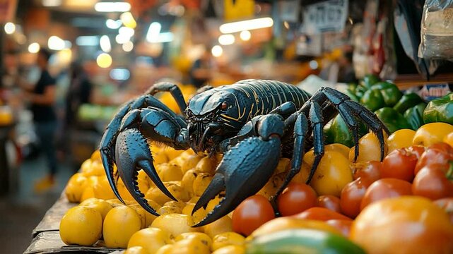 Exotic scorpion on fruit and vegetable stall