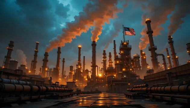 Industrial landscape with American flag pollution