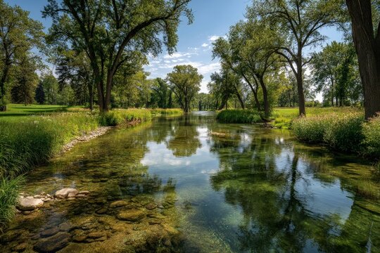 Peaceful river flowing through lush green trees under a clear blue sky during midday - Powered by Adobe