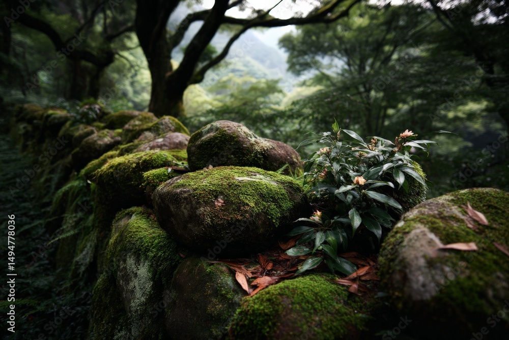 Poster lush green moss-covered stones along a tranquil forest path surrounded by trees and soft foliage