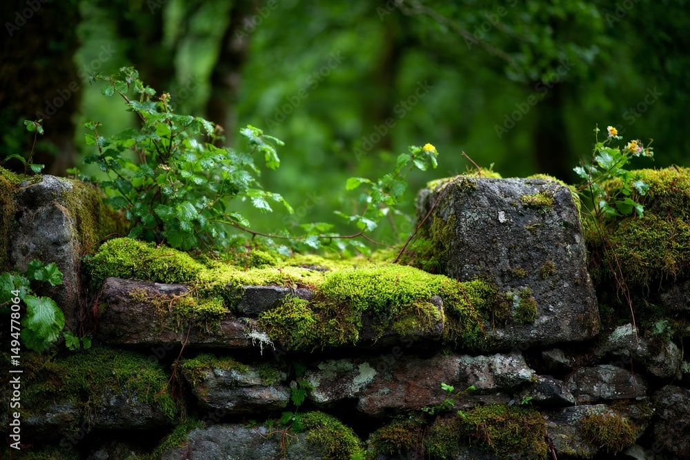 Poster moss-covered stones with lush greenery in a serene forest setting in early morning light