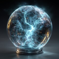 Glass sphere with glowing electric lightning inside, blue energy sparks, sci-fi atmosphere, black backdrop