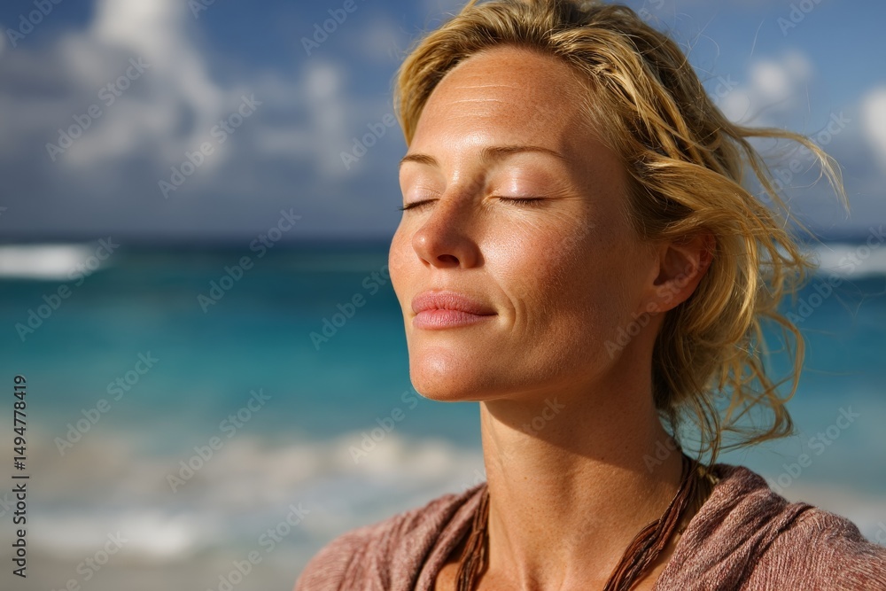Aufkleber Woman enjoying tranquility by the ocean while basking in sunlight and embracing the serene atmosphere in a coastal setting