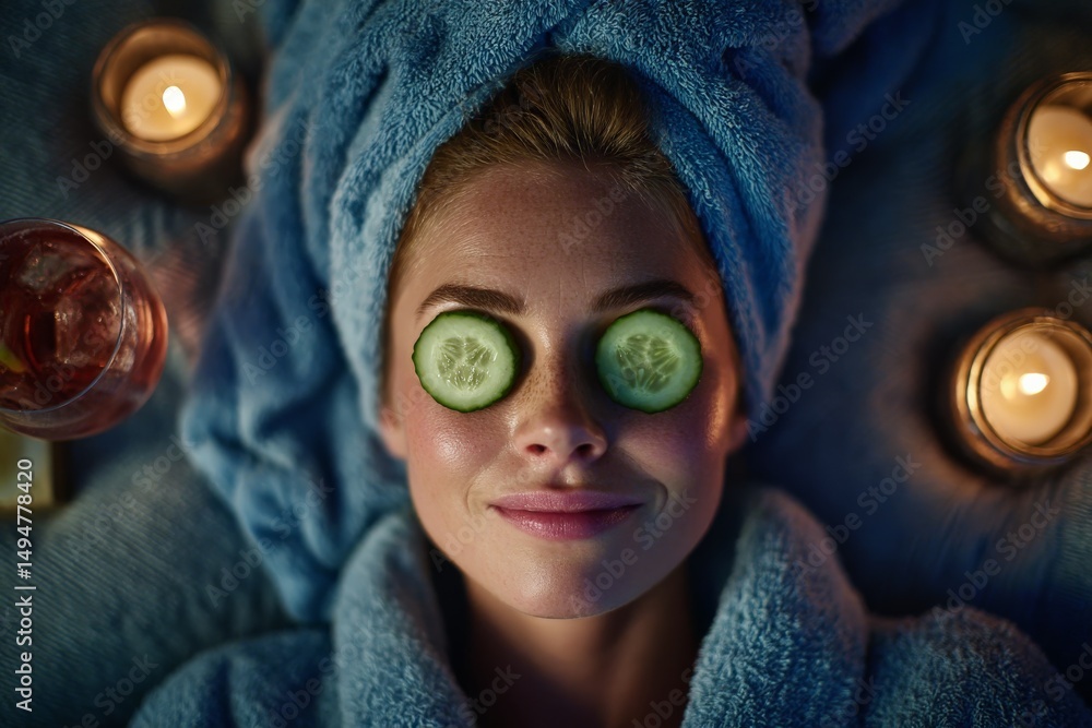 Poster relaxing spa experience with cucumber slices on eyes and candles in cozy setting