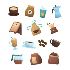 Coffee Shop Cafe Elements Including Cups, Beans and Brewing Equipment Illustration Collection