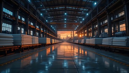 Fototapeta premium Industrial warehouse reflects sunset cityscape glow